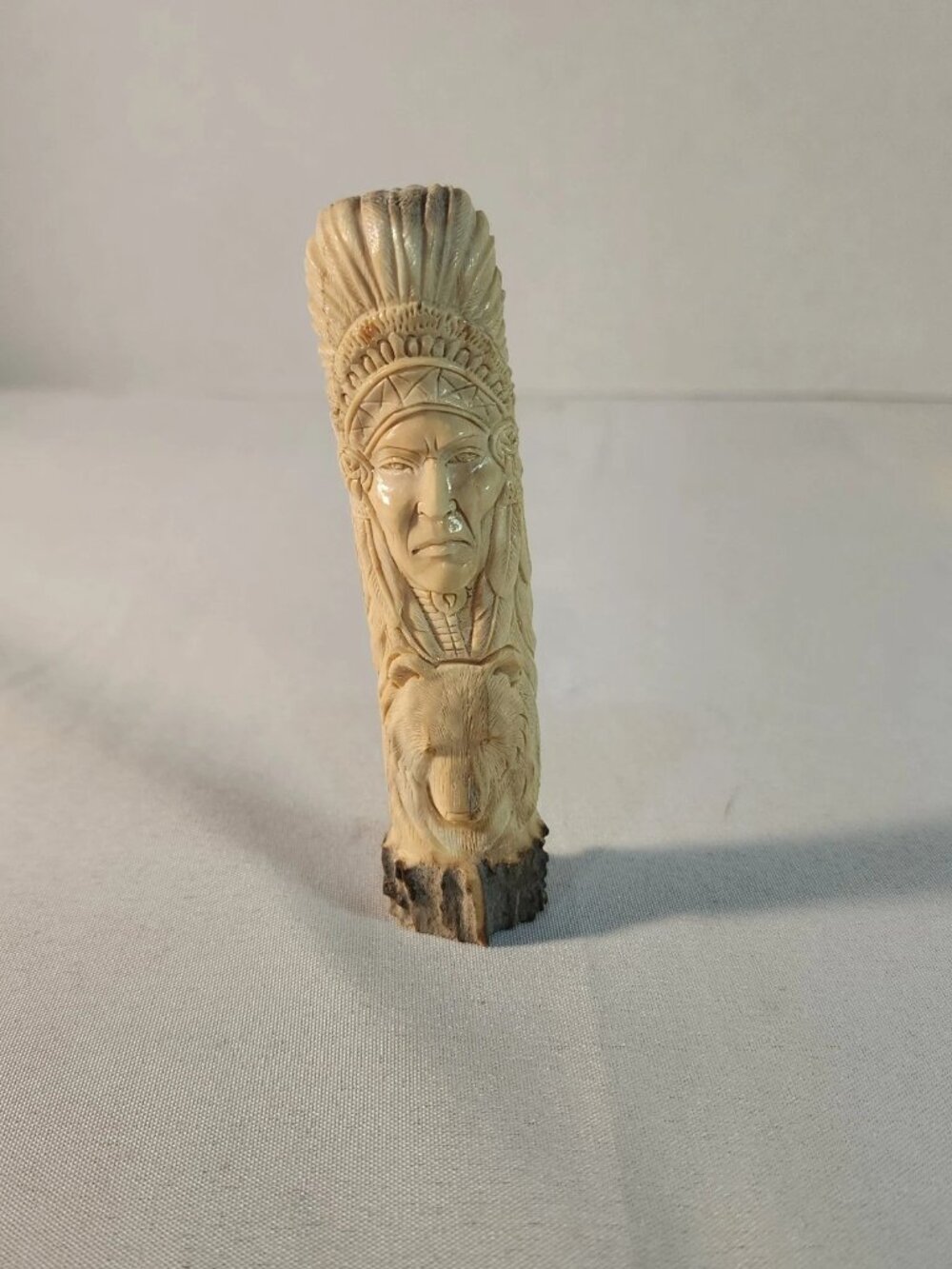 Hand-Carved Deer Antler Cane Handle, Native American Chief, Bear Totem
